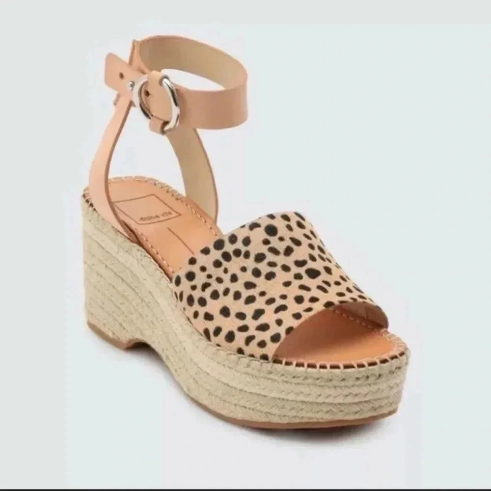 New Dolce Vita Lesly Leopard Calf Hair print Espadrilles sandals ankle strap fur